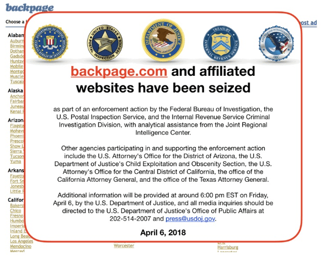 Screenshot of the webpage on April 13, 2018, following the seizure of Backpage a week earlier