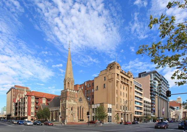 The corner of North Terrace (right) and Pulteney Street (left), looking south-west from Bonython Hall.