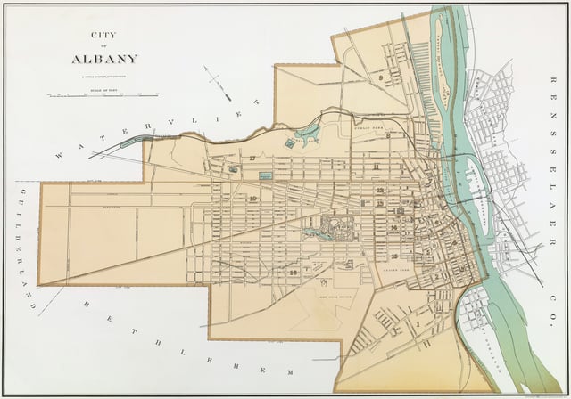 This 1895 map of Albany shows the gridded block system as it expanded around the former turnpikes.