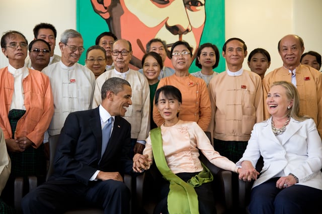 U.S. President Barack Obama and Secretary of State Hillary Clinton with Aung San Suu Kyi and her staff at her home in Yangon, 2012