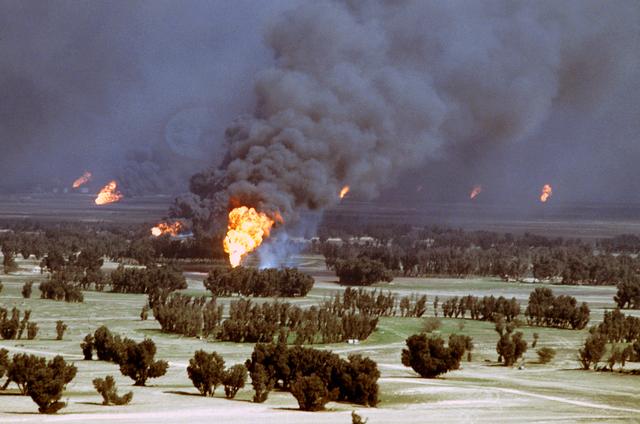 The oil fires caused were a result of the scorched earth policy of Iraqi military forces retreating from Kuwait.