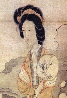 Appreciating Plums, by Chen Hongshou (1598–1652) showing a lady holding an oval fan while enjoying the beauty of the plum.
