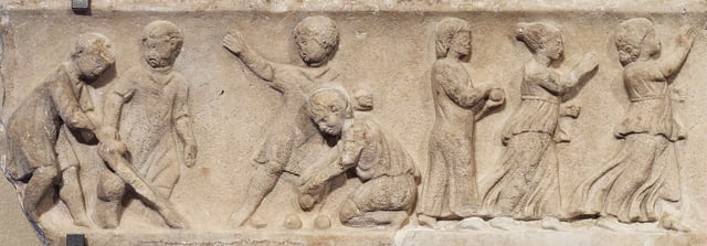 Boys and girls playing ball games (2nd century relief from the Louvre)