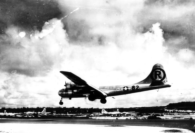 Enola Gay, a Silverplate version of the Boeing B-29 Superfortress landing after delivering Little Boy over Hiroshima