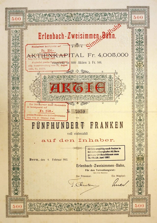 500 franc share certificate of the  Erlenbach-Zweisimmen-Bahn issued in 4 February 1903