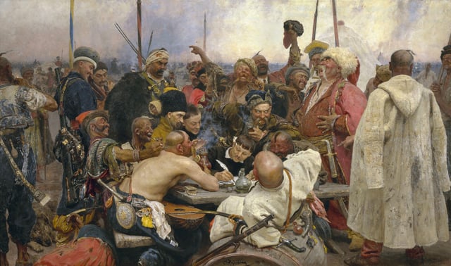 Reply of the Zaporozhian Cossacks to Sultan Mehmed IV of Turkey. Painted by Ilya Repin from 1880 to 1891. Two pikes on the left are wrapped in the traditional colors of Ukraine – blue/yellow and red/black.