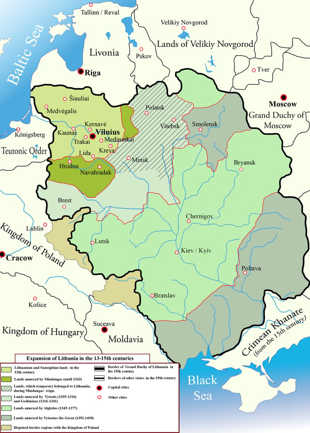 Changes in the territory of Lithuania from the 13th to 15th century. At its peak, Lithuania was the largest state in Europe.