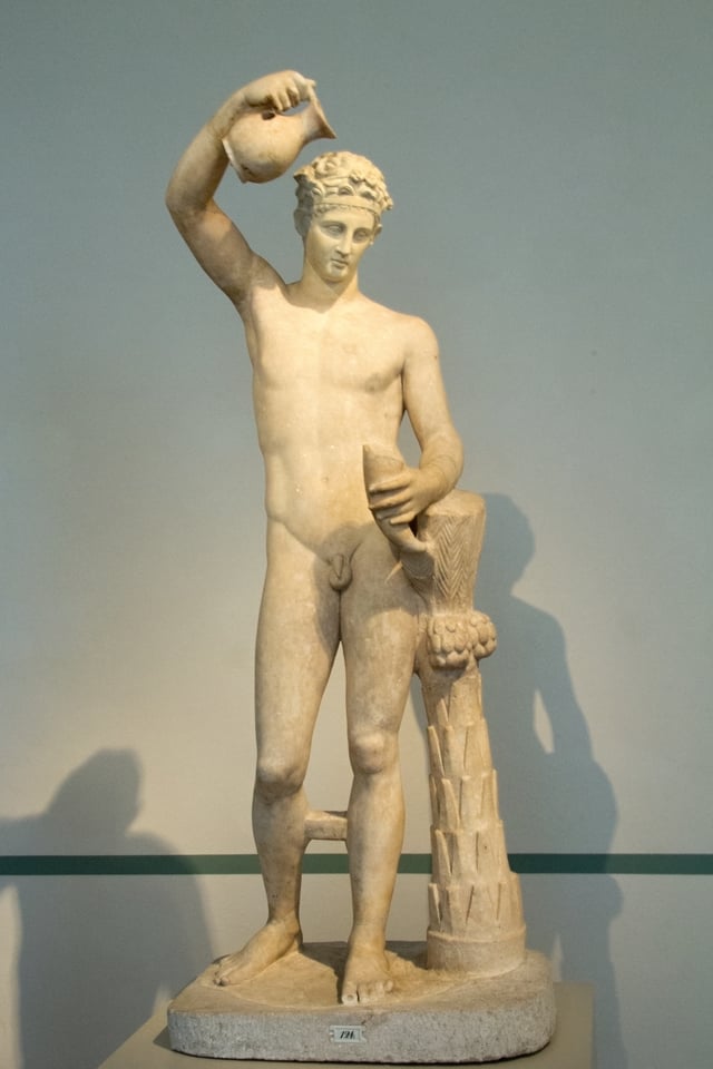 One of the supposed Roman marble copies of Praxiteles's Pouring Satyr, which represents a satyr as a young, handsome adolescent