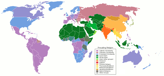 A map of major denominations and religions of the world