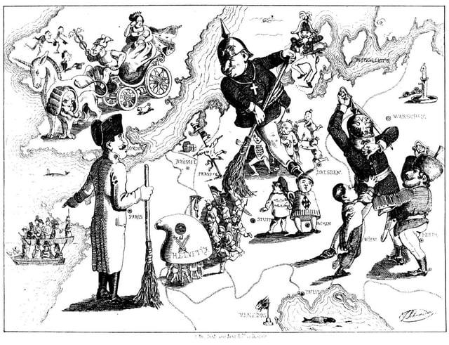A caricature by Ferdinand Schröder on the defeat of the revolutions of 1848/49 in Europe (published in Düsseldorfer Monatshefte, August 1849)