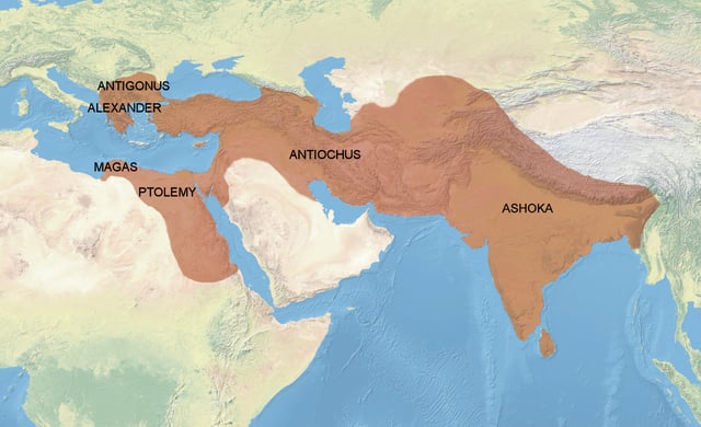 Territories "conquered by the Dharma" according to Major Rock Edict No.13 of Ashoka (260–218 BCE).