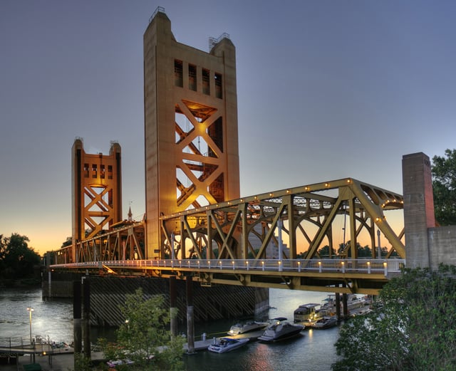 Tower Bridge, which connects Sacramento to West Sacramento, was built in 1935 and is a California Historical Landmark.