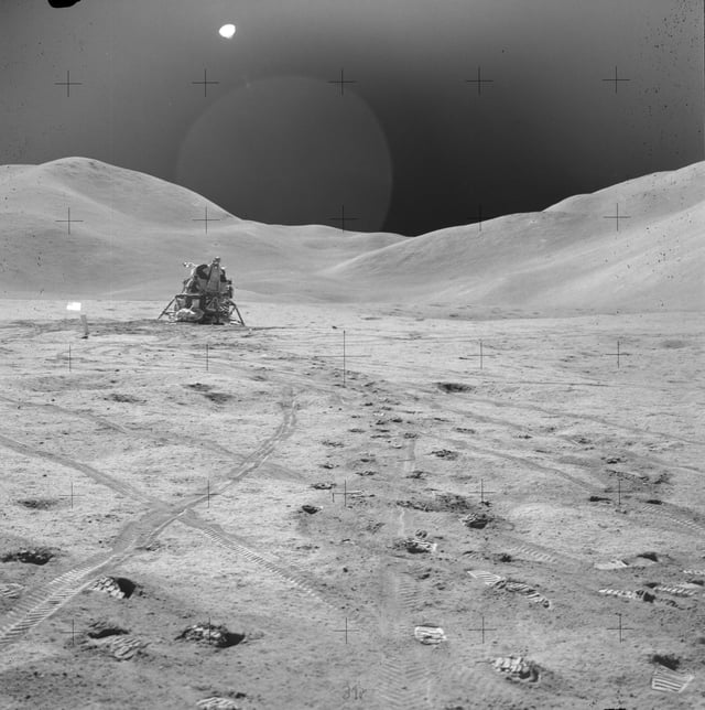 The Lunar Module Falcon backdropped by the Swann Range of the Montes Apenninus