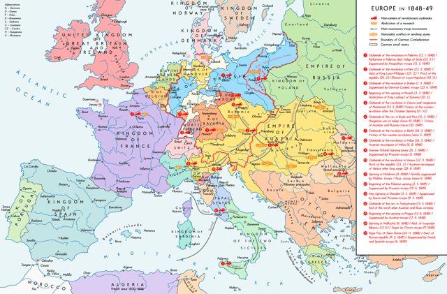 Map of Europe in 1848–1849 depicting the main revolutionary centres, important counter-revolutionary troop movements and states with abdications