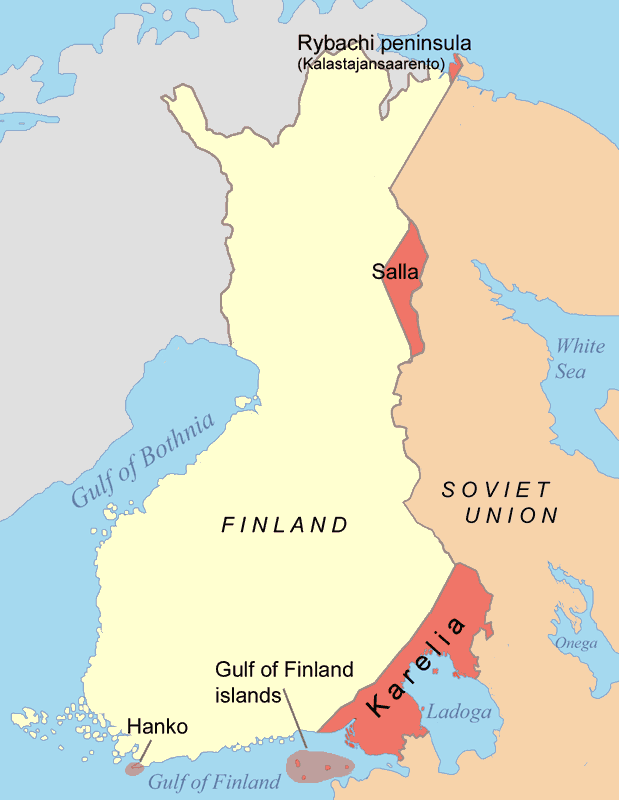 Finland's territorial concessions to the Soviet Union displayed in red