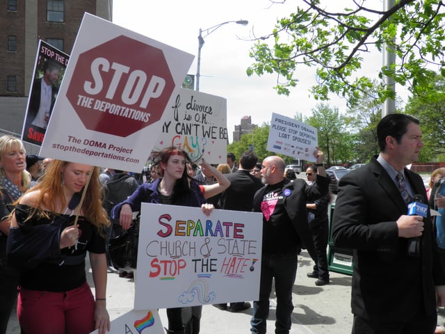 2011 protest in New Jersey by Garden State Equality in support of same-sex marriage rights and against deportation of LGBT spouses.