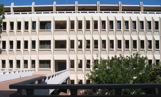 Murray Krieger Hall in the School of Humanities, named after an inspirational professor and an example of the Brutalist architecture of the campus