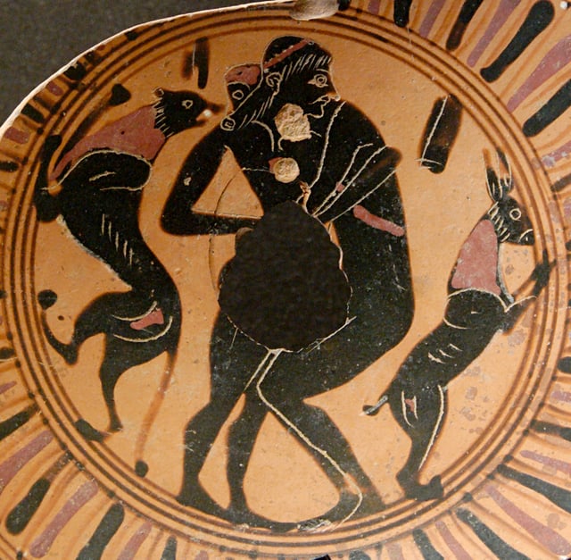 Young man and adolescent engaging in intercrural sex, fragment of a black-figure Attic cup, 550 BC–525 BC, Louvre.
