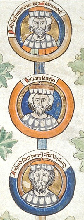 13th-century depiction of Rollo (top) and his descendants William I Longsword and Richard I of Normandy