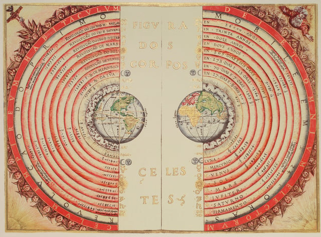 Illuminated illustration of the Ptolemaic geocentric conception of the universe. The outermost text reads "The heavenly empire, dwelling of God and all the selected"