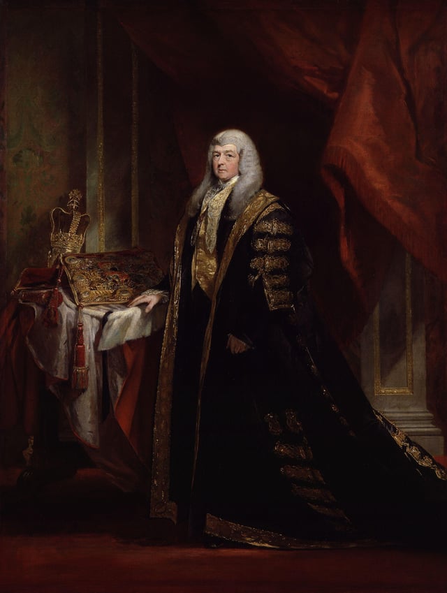 Charles Pepys as Lord Chancellor. The Lord Chancellor wore black and gold robes whilst presiding over the House of Lords.
