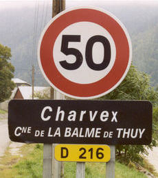 Road sign for Charvex (La Balme de Thuy), Haute-Savoie, France after a name change in the 1990s to a historical Savoyard spelling. (Former village name: Charvet.)