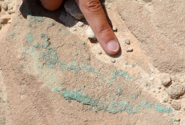 Copper ore (chrysocolla) in Cambrian sandstone from Chalcolithic mines in the Timna Valley, southern Israel.
