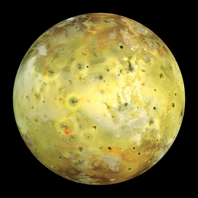 Most of the yellow and orange hues of Io are due to elemental sulfur and sulfur compounds deposited by active volcanoes.