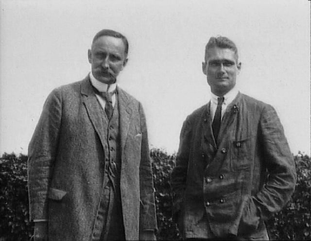 Karl Haushofer and Rudolf Hess, c.1920. Haushofer's ideas influenced the development of Adolf Hitler's expansionist strategies. He was instrumental in linking Japan to the Axis powers.