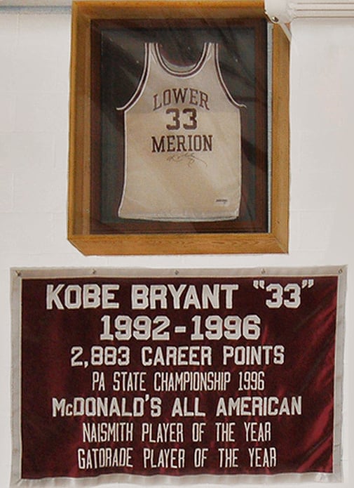 Bryant's retired No. 33 jersey and banner at the Lower Merion High School gym