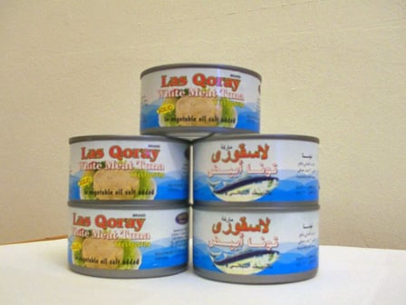 Cans of Las Qoray brand tuna made in Las Khorey