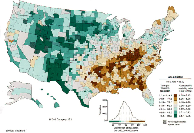 Lung cancer distribution for white males in the United States