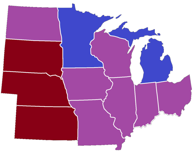 Party affiliation of United Senators from the Midwest as of 2013