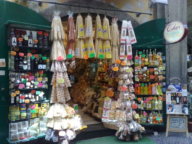 Typical products shop in Naples with pasta on display