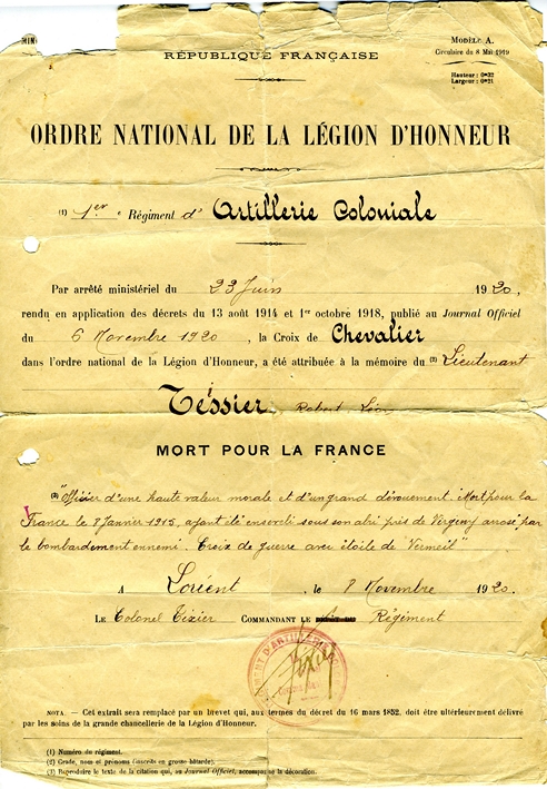 Notice of posthumous award of the Croix de Chevalier to lieutenant Tessier—Mort pour la France ("Died for France") in World War I