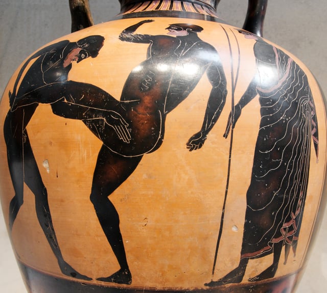 Pankratiasts fighting under the eyes of a judge. Side B of a Panathenaic prize amphora, c. 500 BC.