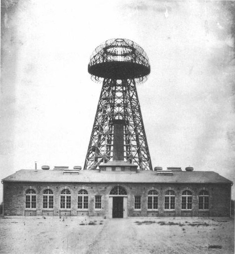 Tesla's Wardenclyffe plant on Long Island in 1904. From this facility, Tesla hoped to demonstrate wireless transmission of electrical energy across the Atlantic.