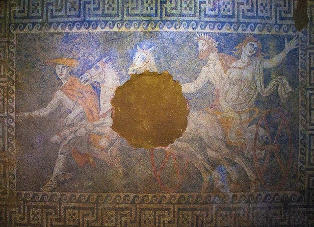 A mosaic of the Kasta Tomb in Amphipolis depicting the abduction of Persephone by Pluto, 4th century BC