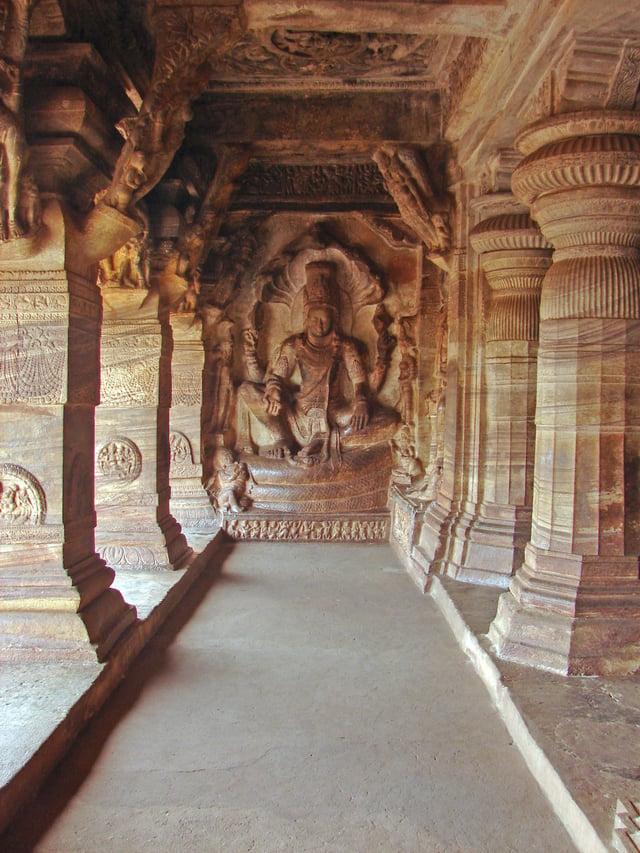 Vishnu image inside the Badami Cave Temple Complex number 3. The complex is an example of Indian rock-cut architecture.