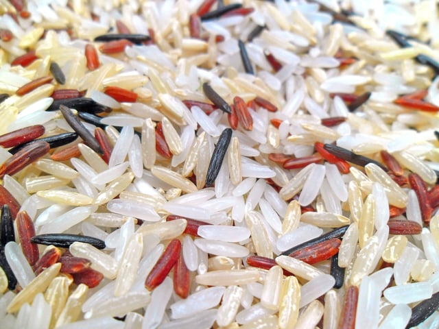 A mixture of brown, white, and red indica rice, also containing wild rice, Zizania species
