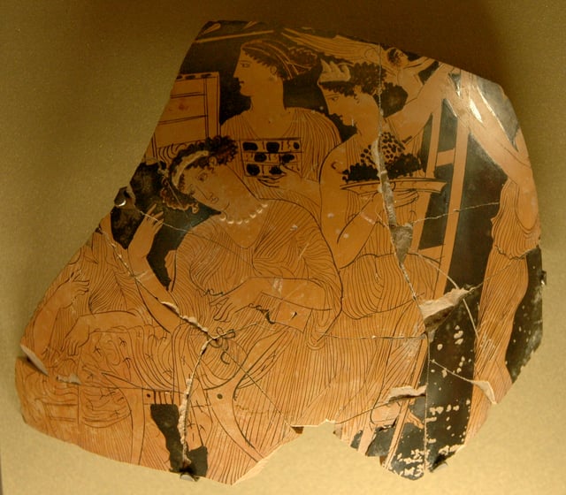 Fragment of an Attic red-figure wedding vase (c. 430–420 BC), showing women climbing ladders up to the roofs of their houses carrying "gardens of Adonis"