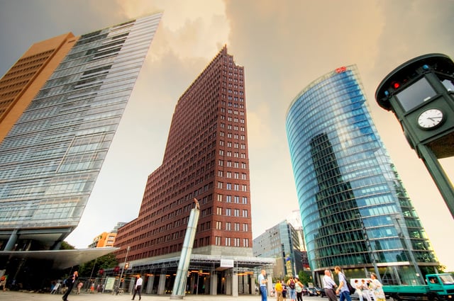 Potsdamer Platz, Kollhoff Tower at the center and headquarters of Deutsche Bahn to the right
