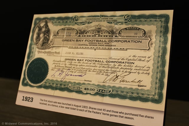 A 1923 Green Bay Packers stock certificate, as displayed at the Green Bay Packers Hall of Fame