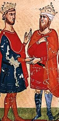 Frederick II (left) meets Al-Kamil (right). Nuova Cronica, ca. 1348.