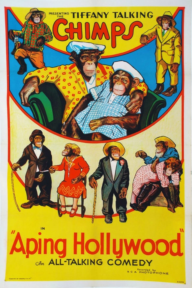 Poster for the 1931 film Aping Hollywood. Media like this relied on the novelty of performing apes to carry their timeworn, low comedy gags.