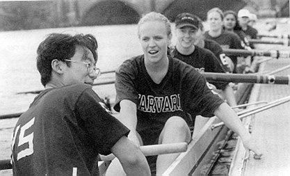 Kennedy School women's team outside the Weld Boathouse preparing to row the Head of the Charles