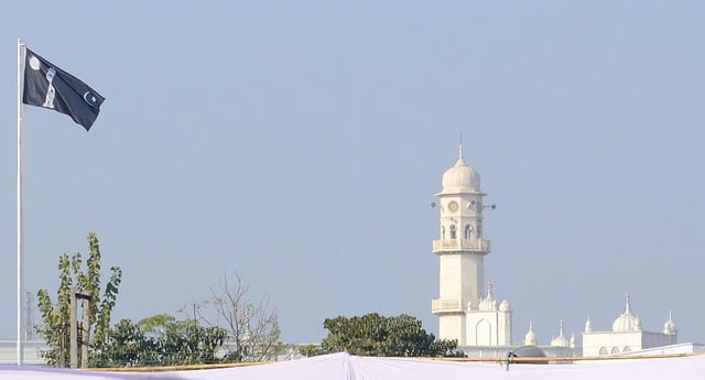 The White Minaret and the Ahmadiyya Flag in Qadian, India. For Ahmadi Muslims, the two symbolize the advent of the Promised Messiah.