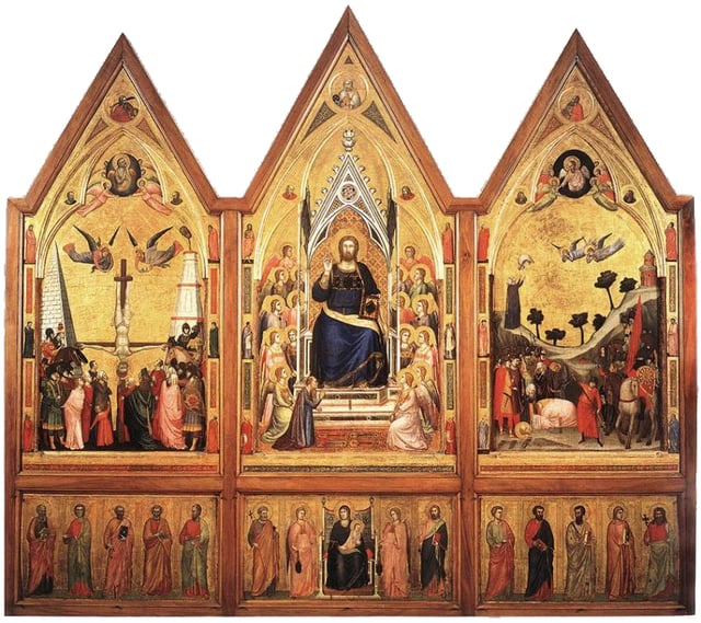 Back side. Tempera on wood.  cm 178 × 89 (central panel); cm 168 × 83 c. (side panels); cm 45 c. × 83 c. (each section of the predella)