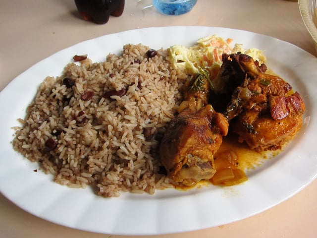 Rice and beans (with coconut milk), stewed chicken and potato salad. An inter-ethnic staple meal
