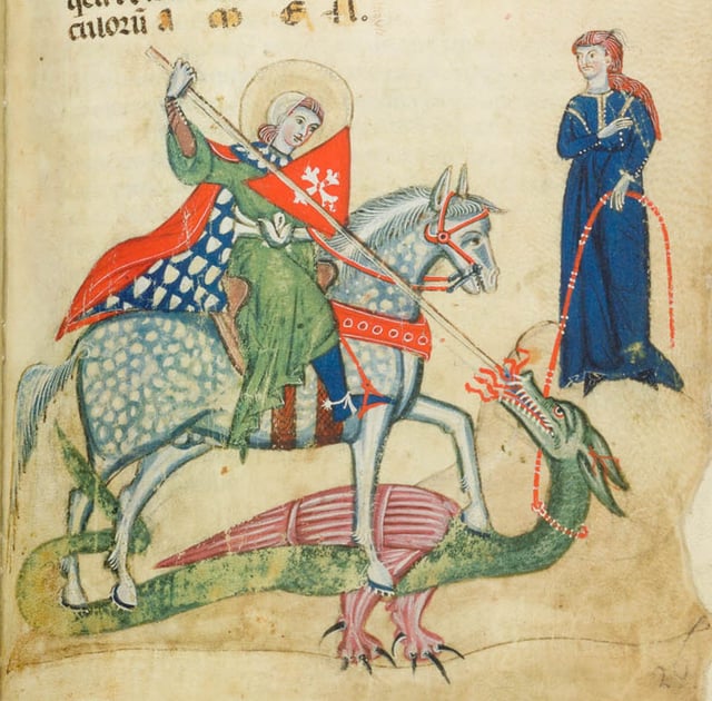 Manuscript illustration from Verona of Saint George slaying the dragon, dating to c. 1270